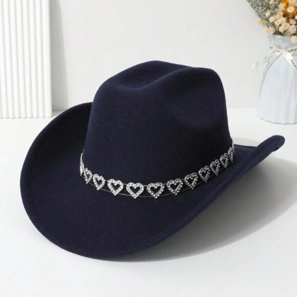 Navy Blue Cowgirl Cowboy Hat Rhinestone Heart Band Rodeo Western Country - Picture 1 of 3
